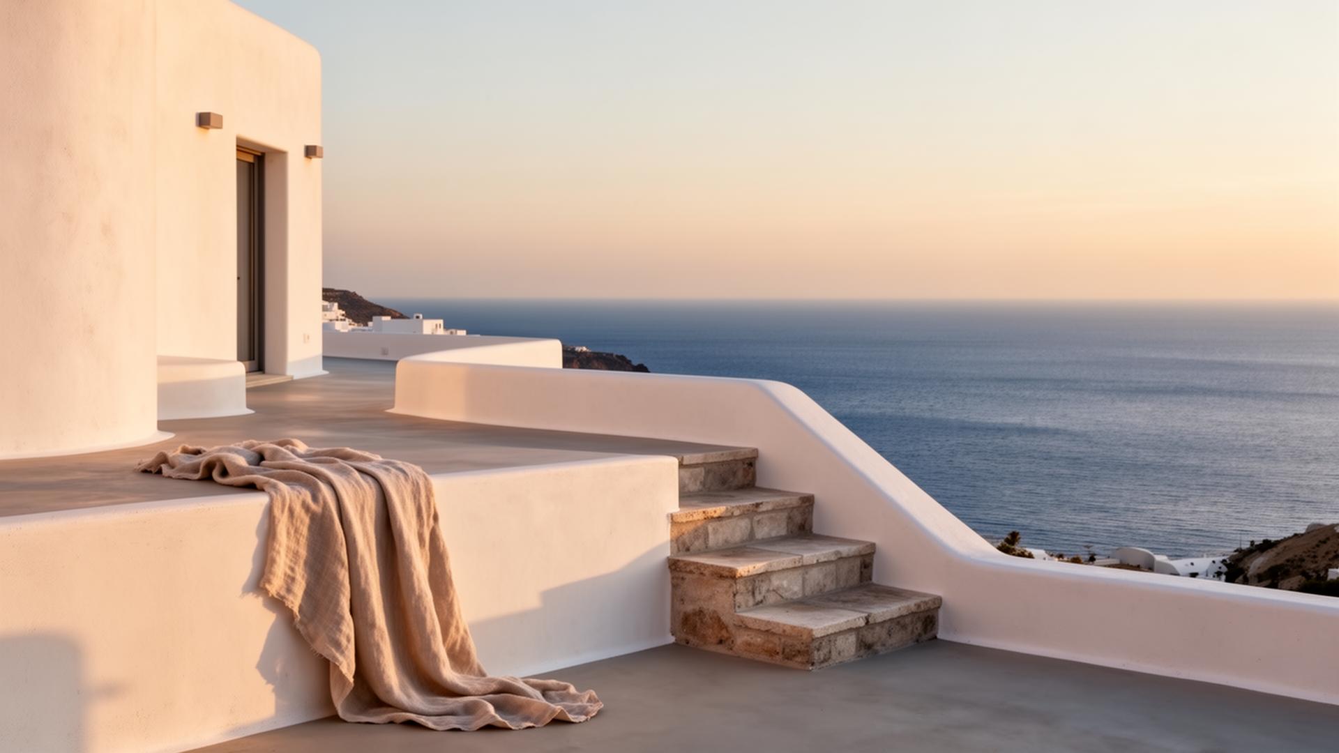 Whitewashed Cycladic terrace at golden hour overlooking the Aegean